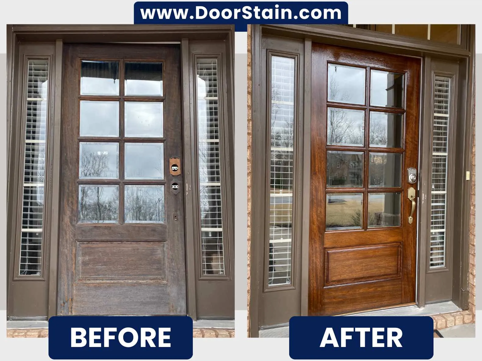 Sun-bleached double entry doors restained to a deep, even tone in Metro Atlanta — before and after