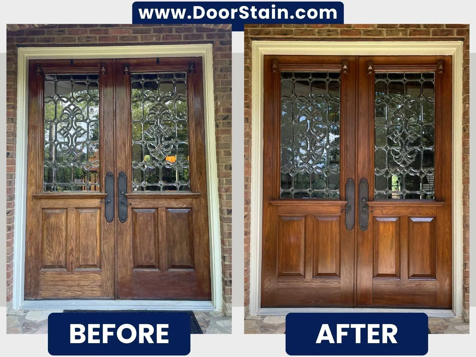 Peeling double wood doors stripped and refinished on-site in Atlanta — before and after