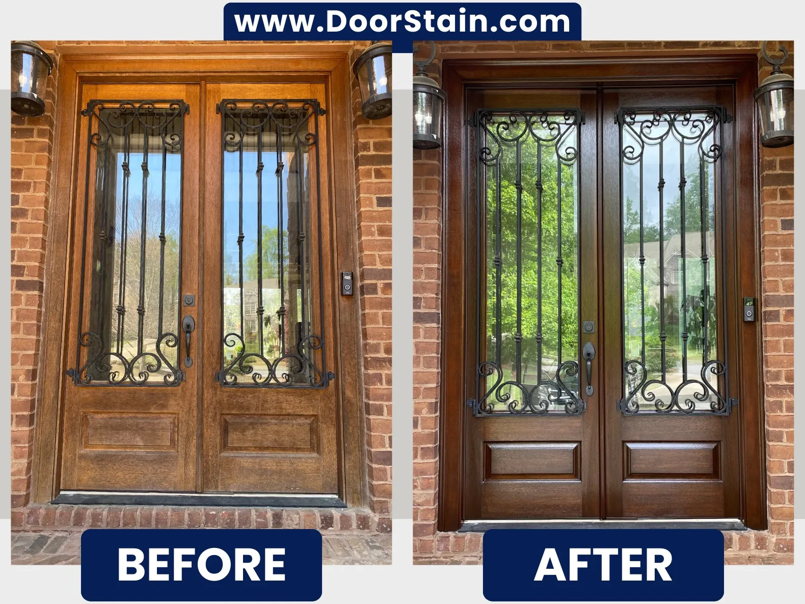 Double front doors with sidelights refinished by Atlanta Door Refinishing & Wood Restore — before and after
