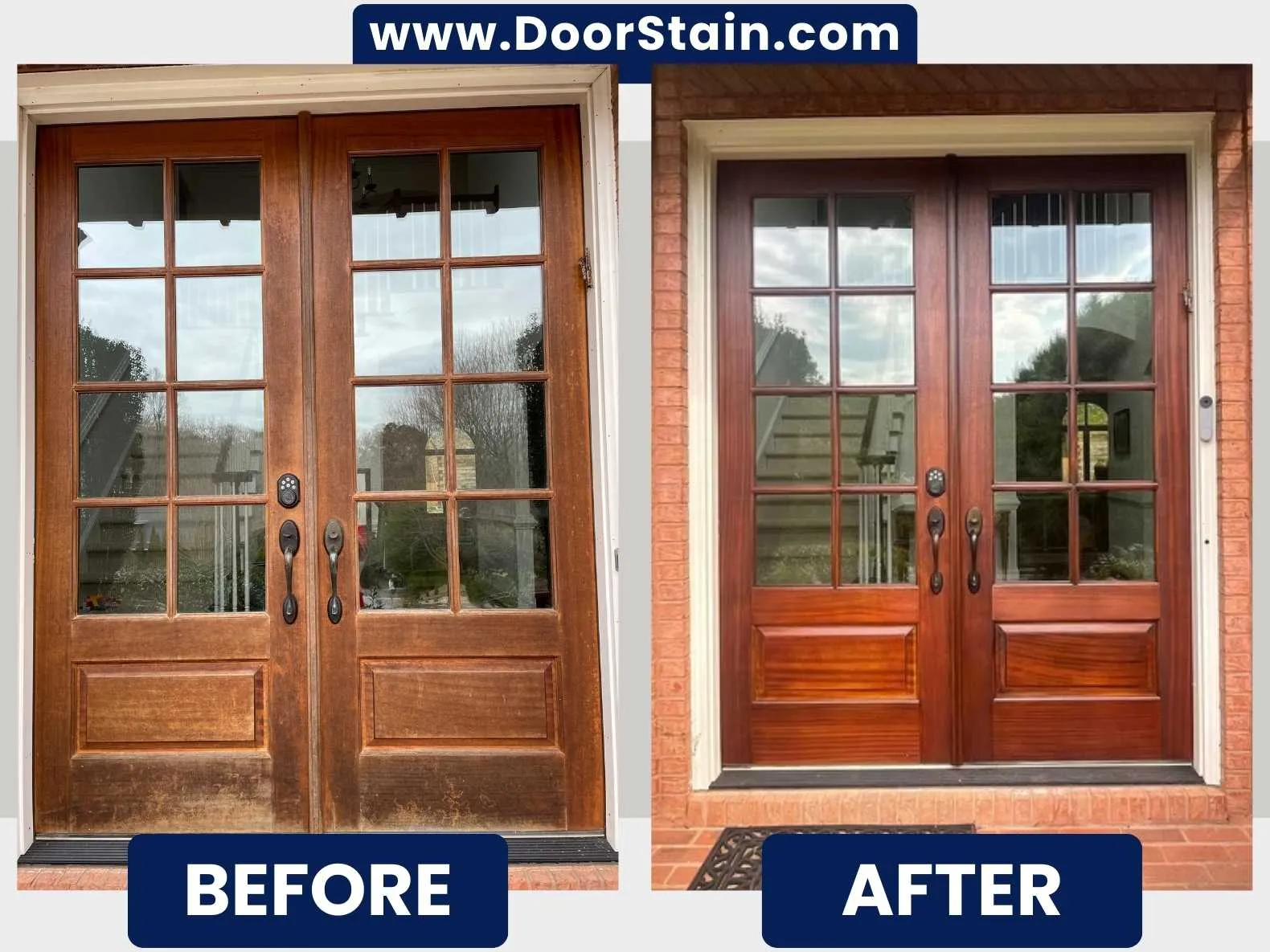 Weathered double entry doors brought back to life on-site in Metro Atlanta — before and after