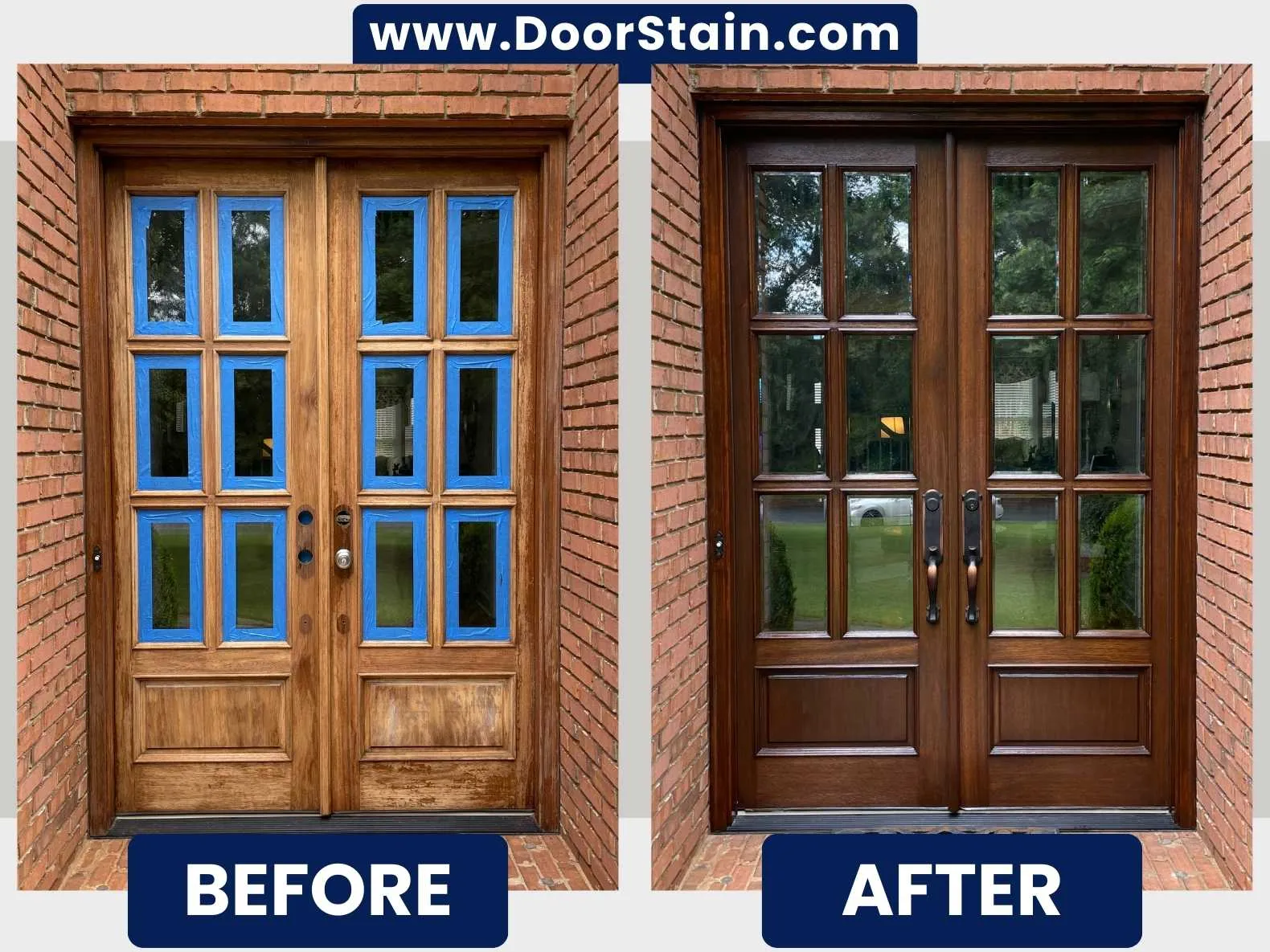 Mahogany double doors refinished and resealed at an Atlanta home — before and after