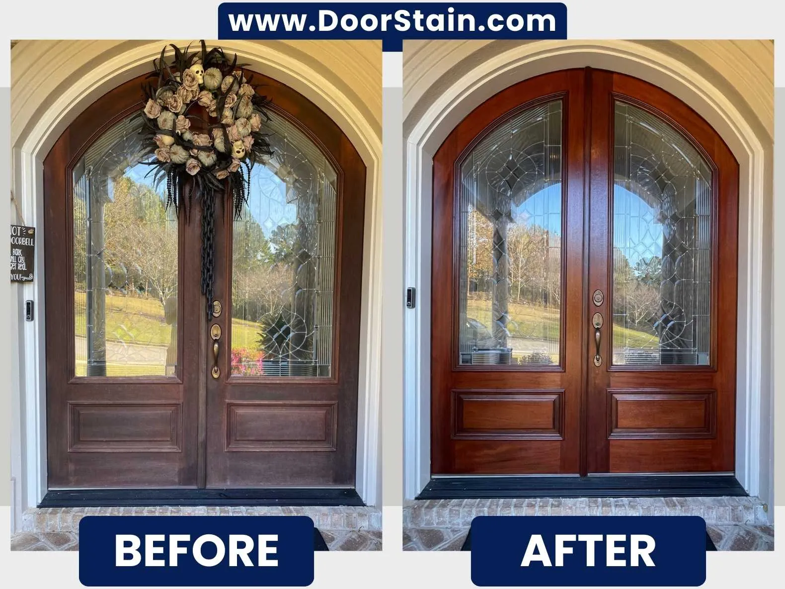 Grand double doors restored with hand-applied stain and varnish in Atlanta — before and after