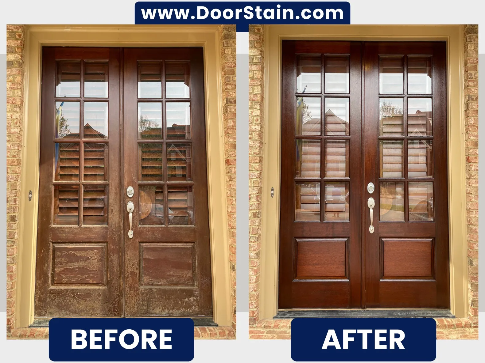 Double wood front door stripped, restained and resealed on-site in Metro Atlanta — before and after