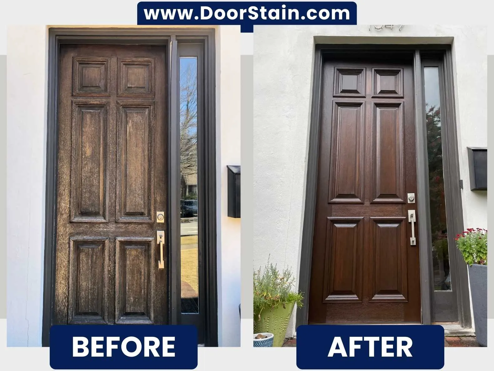 Faded single entry door refinished to a rich walnut stain in Atlanta — before and after