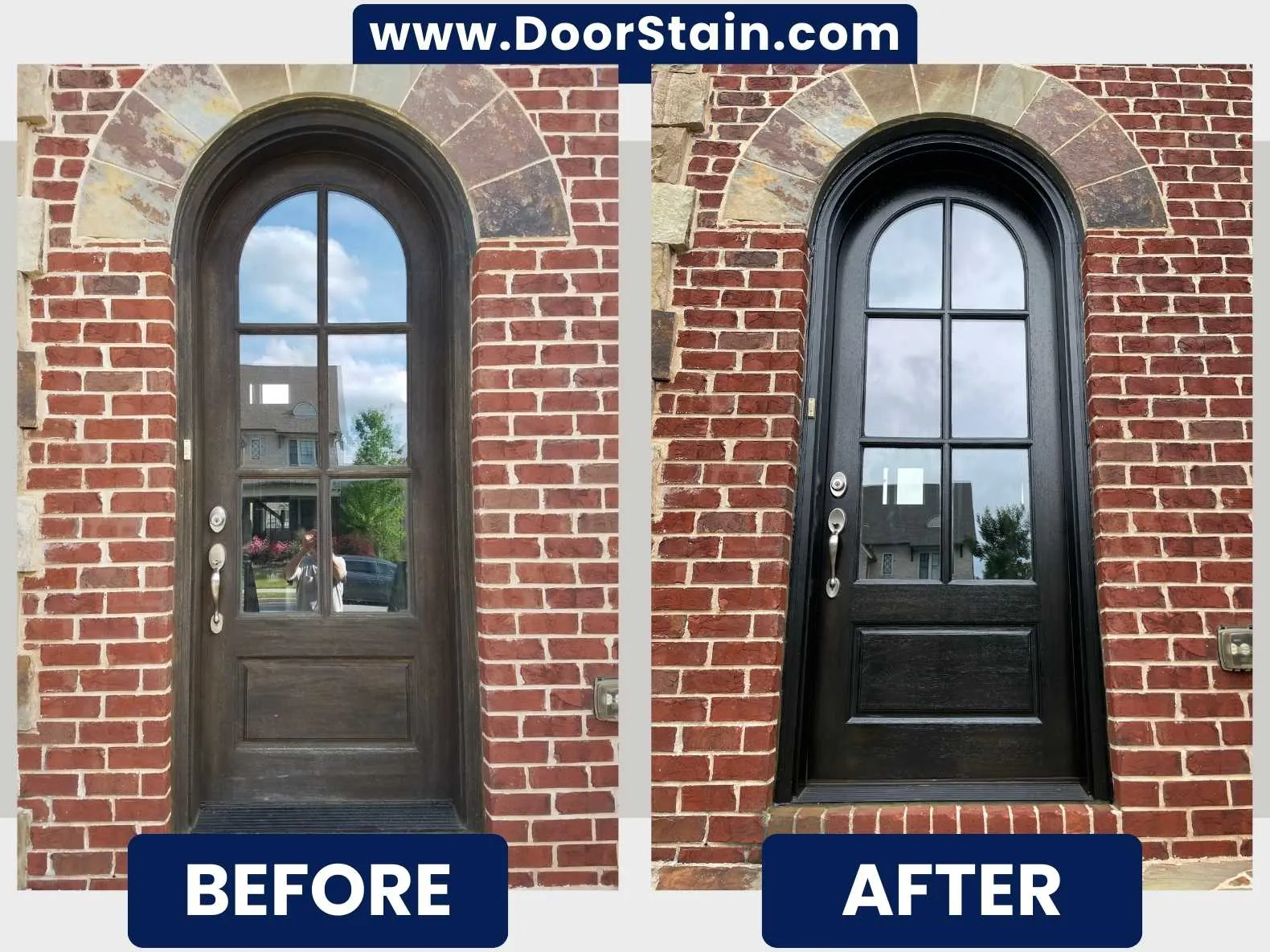 Oxidized wood door refinished to a warm chestnut tone in Atlanta — before and after