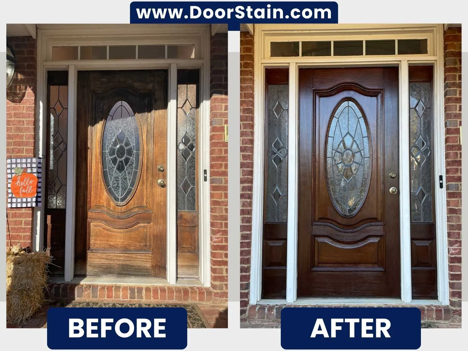 Sun-damaged front door restored with UV-protective marine finish in Atlanta — before and after