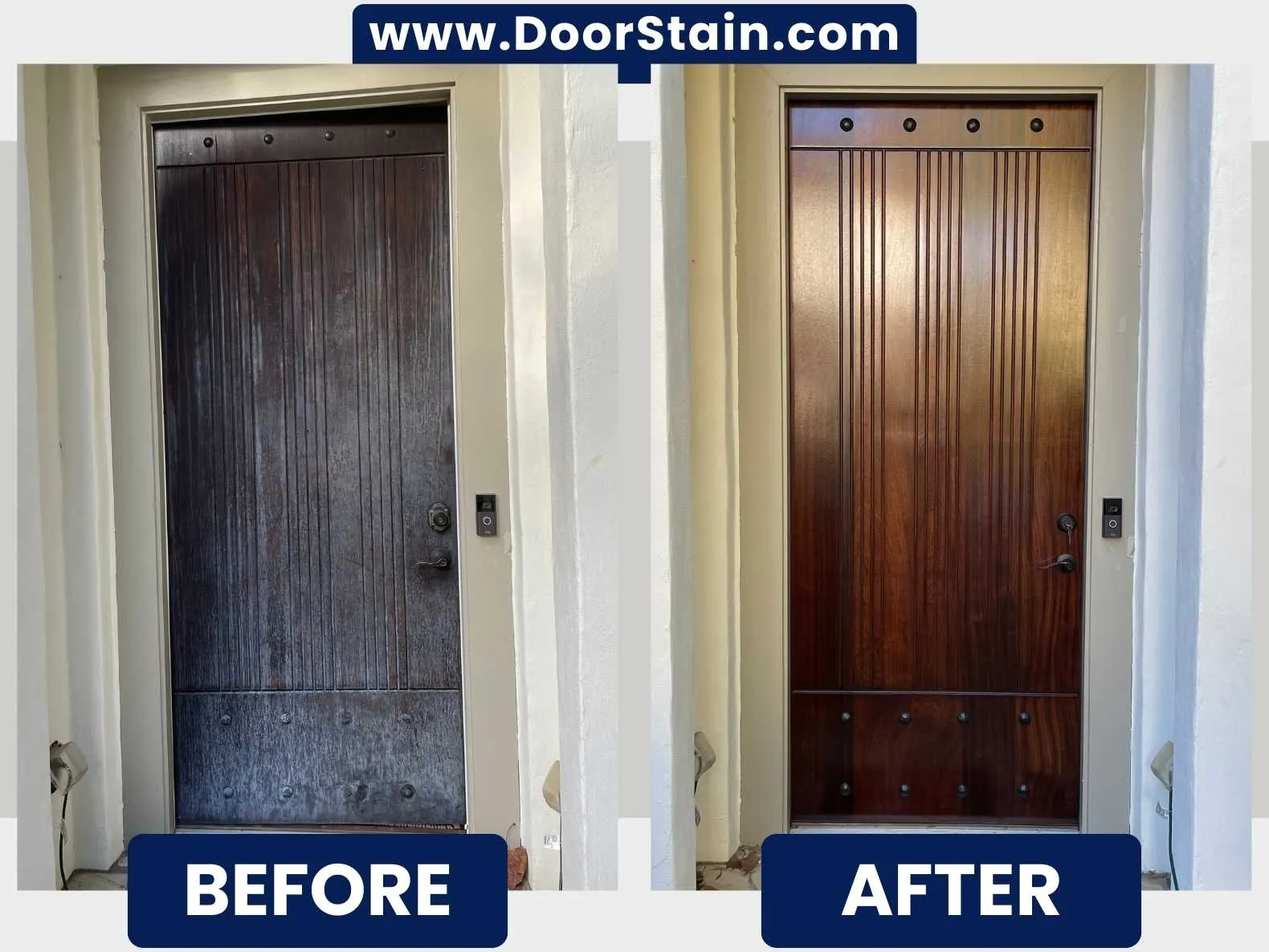 Front entry door refinished with a deep espresso stain in Metro Atlanta — before and after