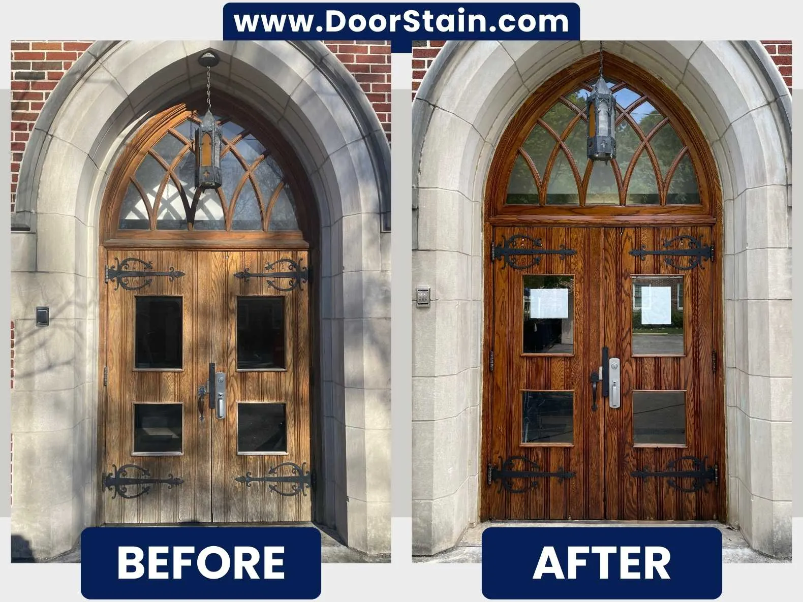Specialty arched wood door with glass refinished by Atlanta Door Refinishing — before and after