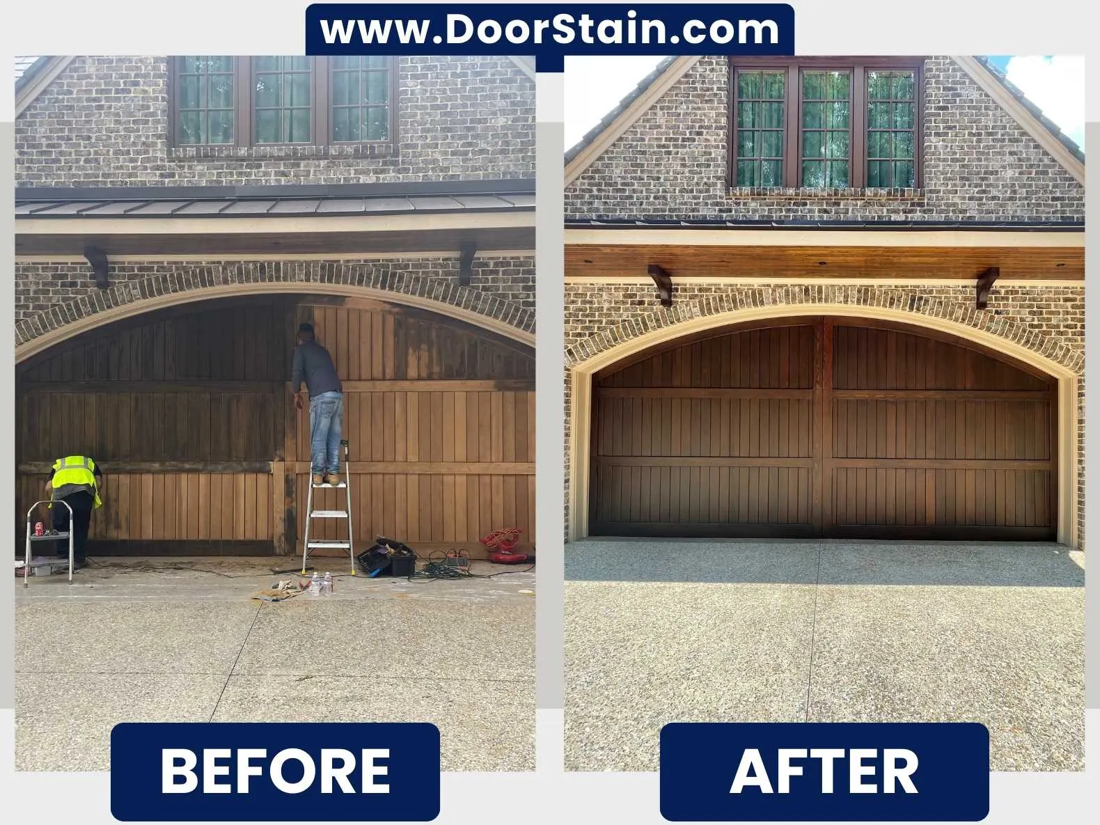 Specialty wood-and-iron door refinished on-site in Metro Atlanta — before and after